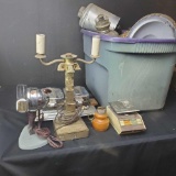 vintage K and M hairdryer Bowman Manning waffle iron oil lamps metal decor