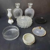 7 vintage glass plates 2 decanters oil lamp ect.