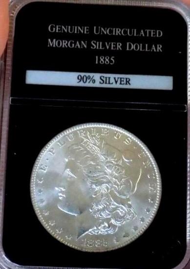 Morgan silver dollar frosty bu+++ in collectors slab nice luster 1885 o near gem blazing