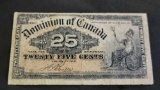 1900 Canada Dominion Fractional Currency Note 25Cents. EX. Very Rare. Nice Note.