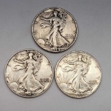 3 silver walking liberty Halves nice better grade xf to au 1.50 face value