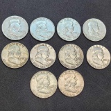 10 Benjamin Franklin Silver half dollars 90% silver