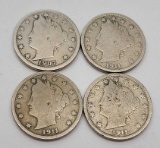 liberty Nickel lot of 4 1907 1911