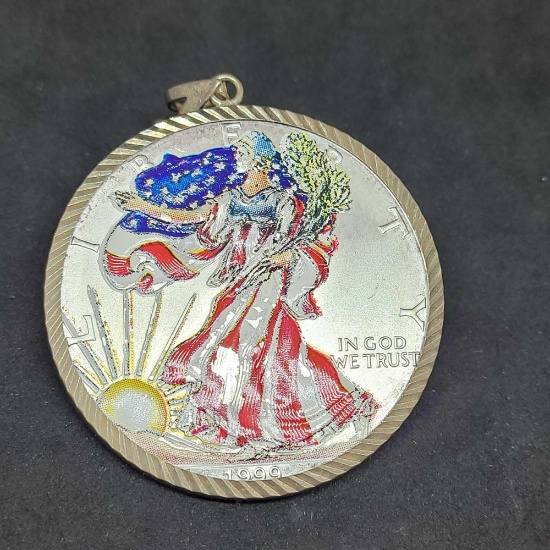 1999 Painted walking liberty silver dollar pendant 1oz fine silver...coin