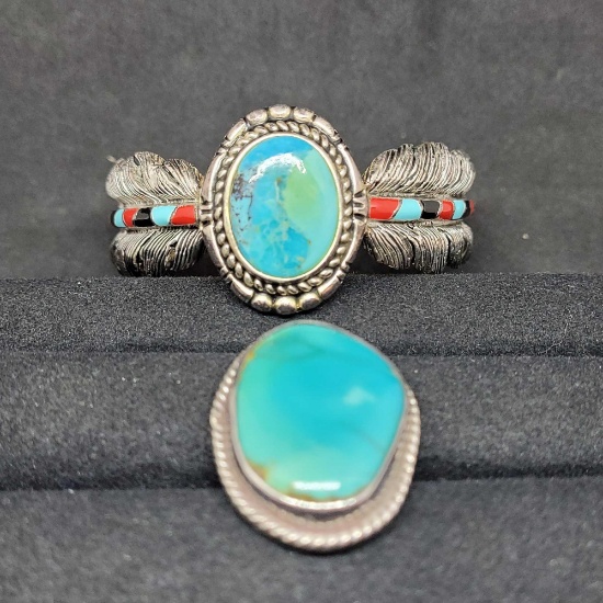 turquoise bracelet and ring appears to be sterling silver...non magnetic