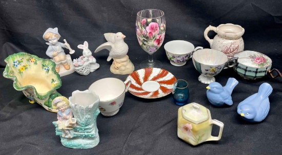 Mixed Glassware. Bone China, Tea Cups, Statues. Japan, Germany, Italy