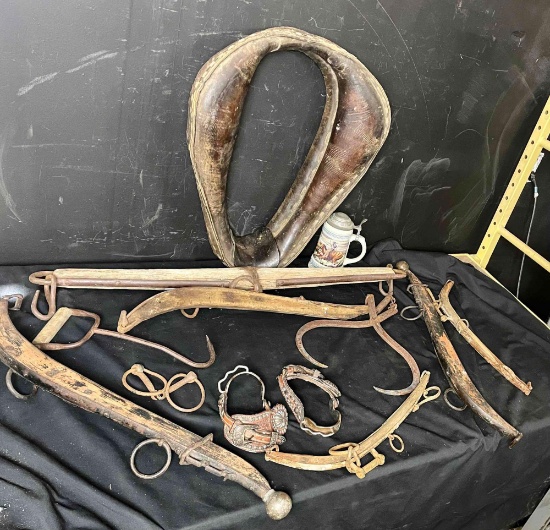 Old West Cowboy Antiques. Hay Hook, Ice Clamp. Saddle, Cowboy Stein, more