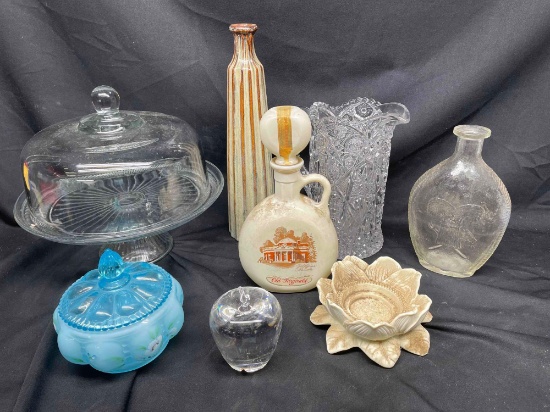 Mixed Glass Kitchenware. Cake Holder, Pitcher, Partylite, Old Fitzgerald, more