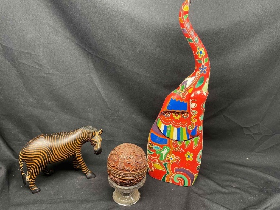 Wooden Sculptures. Hand Carved Zebra, Colorful Elephant made in Indonesia, Fancy Globe.