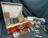 Militaria Lot. Medals WWII, Diamond Color Code Tent Lights, Gun Cleaning Kit, canteen located