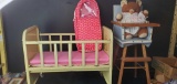 Vintage doll crib and high chair with teddy bear. located Escondido