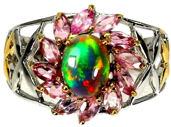 14 kt yellow gold and sterling black hot rainbow opal and saphire ring 4+ ct huge designer new $$$$$