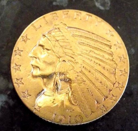 gold Indian $5 frosty unc high grade nice luster 1910 nearly 1/4 oz pure gold rare find