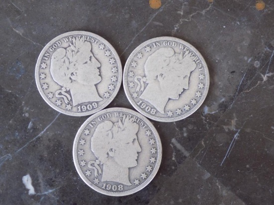 Barber silver half lot of 3 better grades vf+ nice original collector coins 08d 09 s 08d