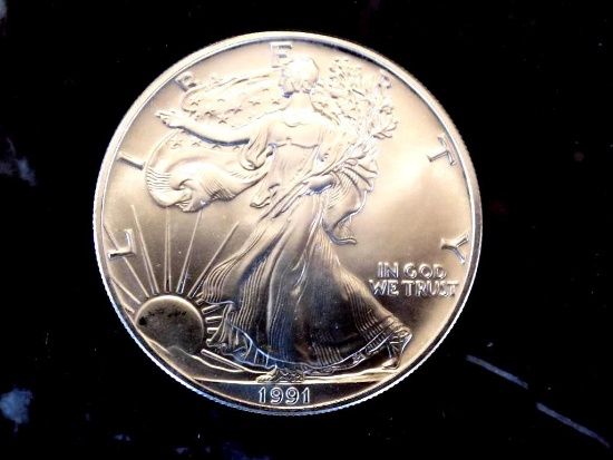 American silver eagle 1991 key date frosty white gem bu blazing 1 troy oz round