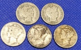 Barber silver dime and mercury dime lot of 5 coins 90% silver collector lot