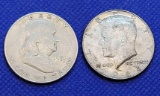 1951-S Silver Franklin and 1964 Kennedy silver half dollars 2 coins
