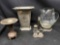 Silver Plated Lot. Vases, Glass Pitcher, Condiment Holder.