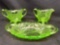 Vivid Green Uranium Glass Kitchenware. Butter Dish, Sugar bowl, Cream Server