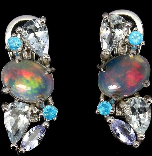 Opal and aquamarine earrings untreated designer 4+ ct sparkly gems in sterling