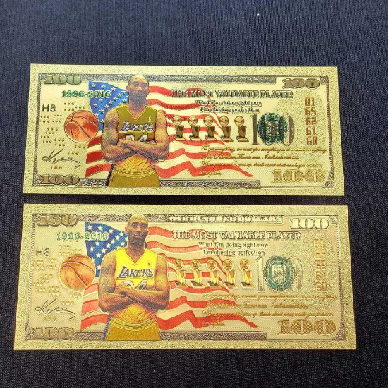 2 24kt gold Kobe Bryant $100 bills