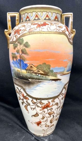 Large Fancy Vase. House on a lake design. Gold Tone Trim.