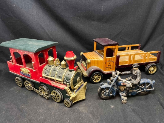 Ghirardelli Wooden Train Locomotive and Ice Cream Truck Promo Toys. Metal Cop on motorcycle