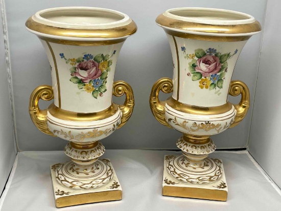 Pair of Fancy Vases with Floral Design and Goldtone Trim