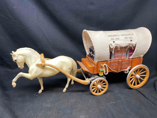 Ghirardelli Promo Horse and Wagon Toy with Tin Cargo Boxes