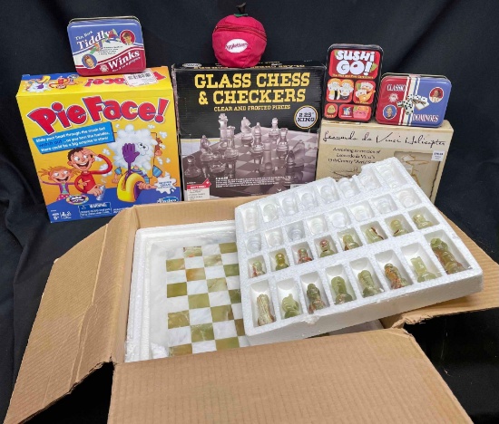 Bin Full of Assorted Games. Glass chess Boards, Pie Face, Helicopter Model, Tiddly Winks,more