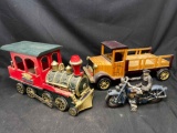 Ghirardelli Wooden Train Locomotive and Ice Cream Truck Promo Toys. Metal Cop on motorcycle