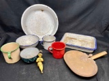 Assorted Tin and Metal Kitchenware. Cups, Bowls, More