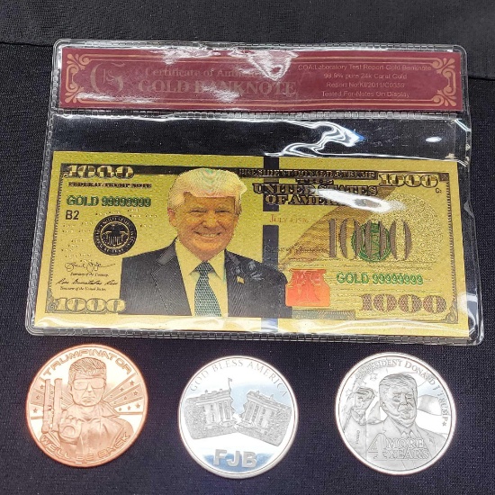 24K Gold, 2 Ounces .999 Silver and 1 Ounce Copper Donald Trump Coins and Currency Collection