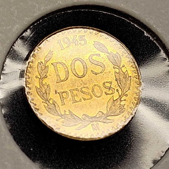 Gold Mexico 1945 2 Peso Gem Brilliant Uncirculated