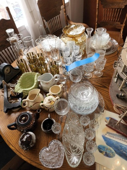 Glassware Lot Porcelain Clock etc