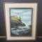 Framed oil/canvas painting lighthouse on cliffside