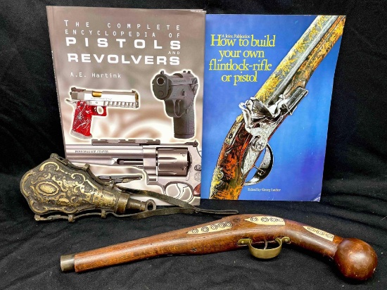 Antique Gun Powder Flask and Musket. Gun Books