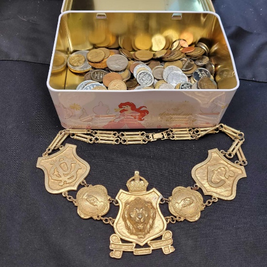 Gold Tone Necklace With Box Of Tokens