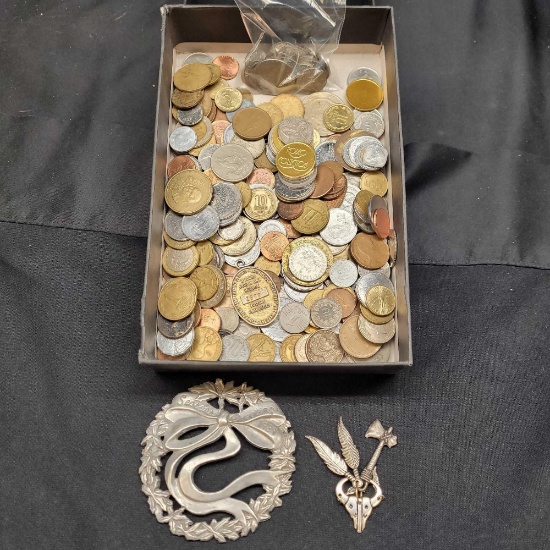 Box Of Foreign Coins With Indian Keychain, Holiday Artifact