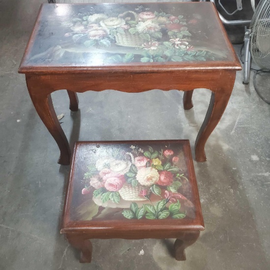 2 Small Wood Benches w/ Floral Design Top