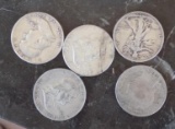 Silver Half Dollar Lot Of 5 $2.5 Face Value Barber Walkers Franklin 90%