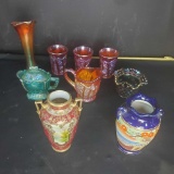 Carnival Glass And 2 Small Japanese Vases