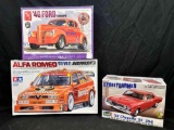 Tamiya, Revell, AMT Car Model Kits. Alfa Romero 155 V6 TI Jaegermeister Sports Car, 1967 Chevelle,