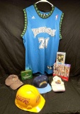 Assorted Sports Memorabilia. Tiberwolves Jersey, Chargers, Final Four Caps more