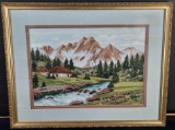 Framed Needle-Point Artwork of Mountains, River and Houses Dated 1985