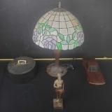 Tiffany style table lamp Wooden model car poker chip set wood figurine