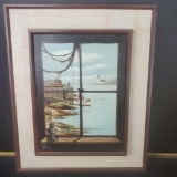Framed oil/canvas painting lighthouse in distance