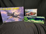 Revell P-61 Black Widow, Monogram SnapTite Havoline TBird, BP Toy Race Car Carrier.