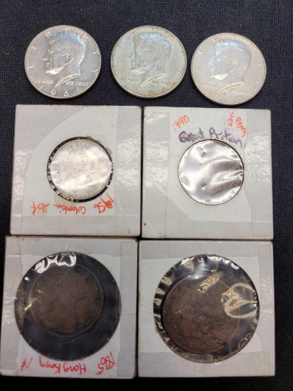 3 40% Silver Kennedy Halves and Some Very Old Foreign Coins 1865 Hong Kong + 52 Columbia