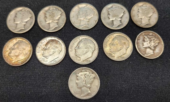 11 Silver Dimes Roosevelt and Mercury $1.10 Face Value